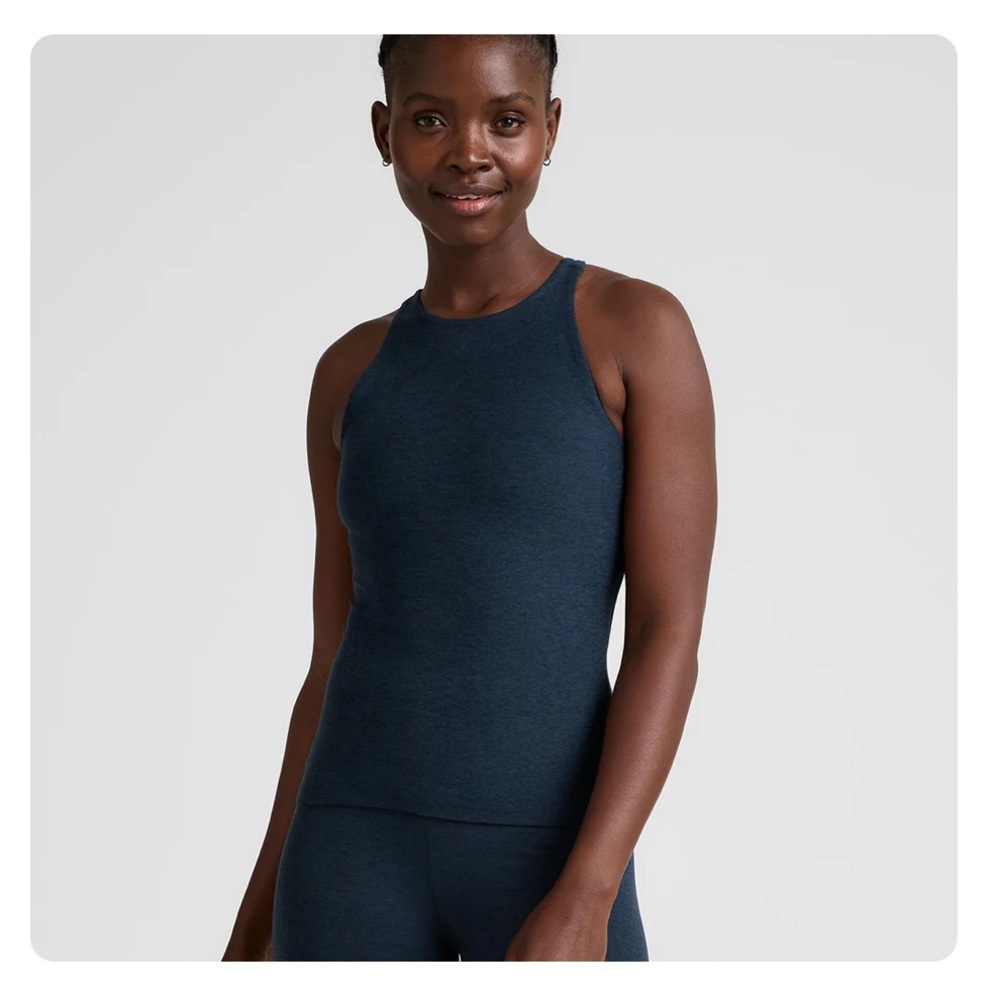 Beyond Yoga Navy Spacedye Refocus High Neck Tank with Shelf Bra